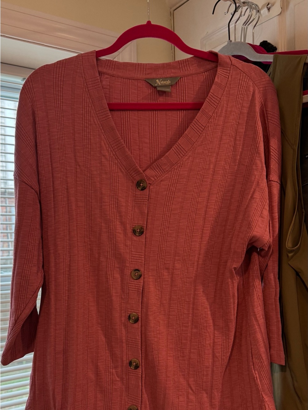 Natural Reflections Ribbed Button-Front Top in Dusty Rose